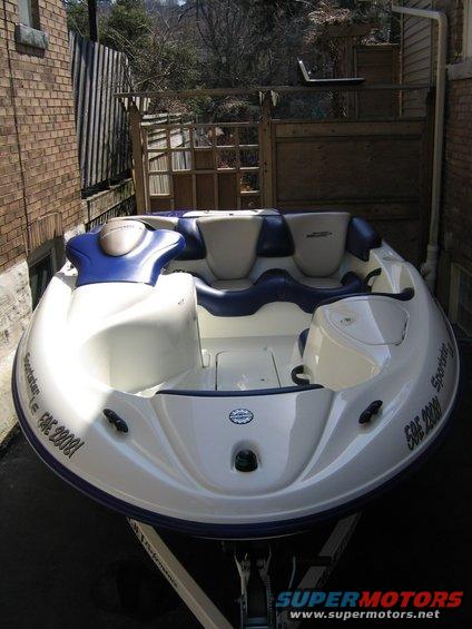 White and blue Sea-Doo personal watercraft on a trailer, front view. Registration number is FAE 28081