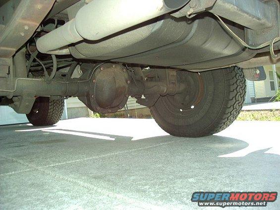 Underside view of a vehicle's rear axle, differential, fuel tank, and exhaust pipe