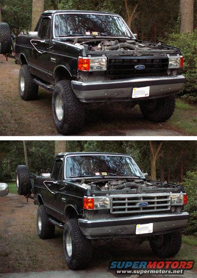 Black Ford Bronco with hood open, front view, showing grille and spare tire on rear