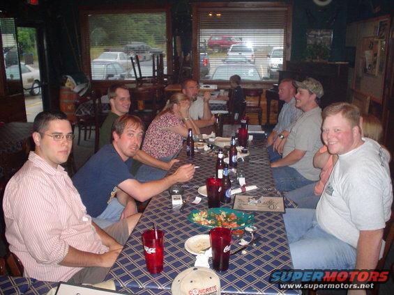 Group of men and women seated at a table in a restaurant, with drinks and food