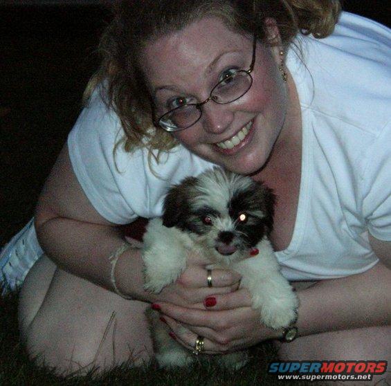 Woman with glasses holding a small shih tzu puppy. Supermotors logo in corner