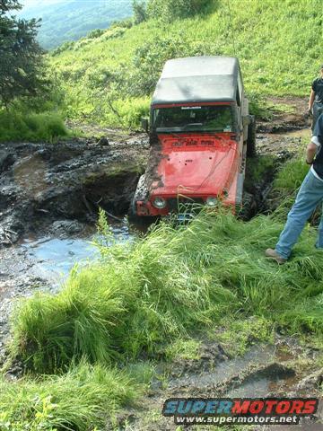 Red Jeep TJ stuck in a muddy ditch on a grassy hill. A person stands nearby