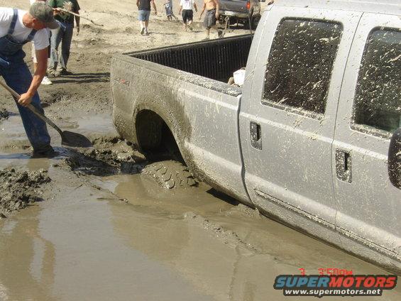 Silver pickup truck stuck in mud, rear wheel submerged, person digging with shovel