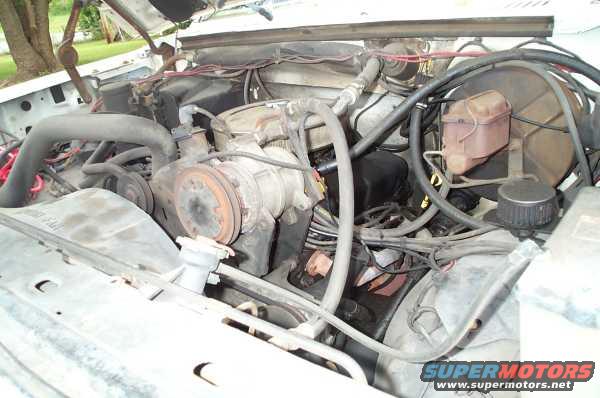 Engine bay with hoses, wires, and engine components visible