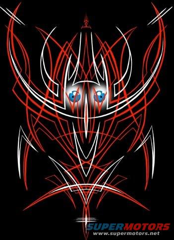 Black background with red and white pinstripe art resembling a face with blue eyes