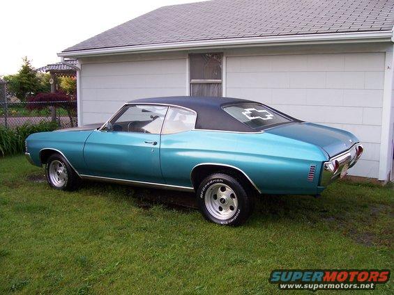 Teal 1971 Chevrolet Chevelle coupe with black vinyl roof parked on grass