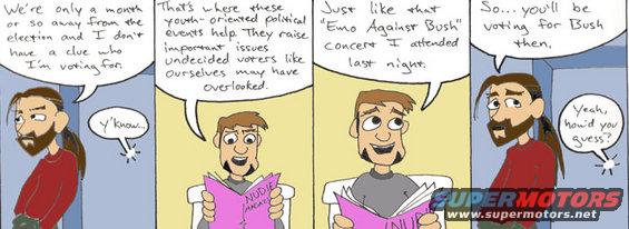 Comic strip with four panels showing two men discussing voting and a magazine titled 'Nudie Magazine'