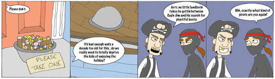 Comic strip with four panels depicting pirates and a bowl of candy