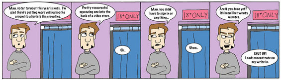 Comic strip showing a man at voting booths, with dialogue about voter turnout and the location of the booths