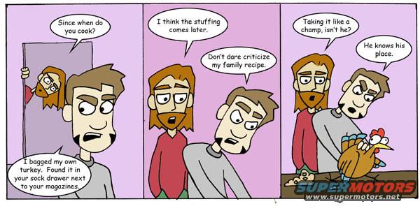 Comic strip with three panels showing characters talking about cooking a turkey