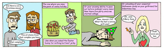 Web comic with four panels depicting conversations and humorous situations