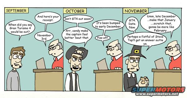 Comic strip showing characters discussing video game release dates in September, October, and November