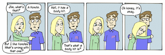 Comic strip shows a couple discussing a car, with the woman upset about it having a body kit