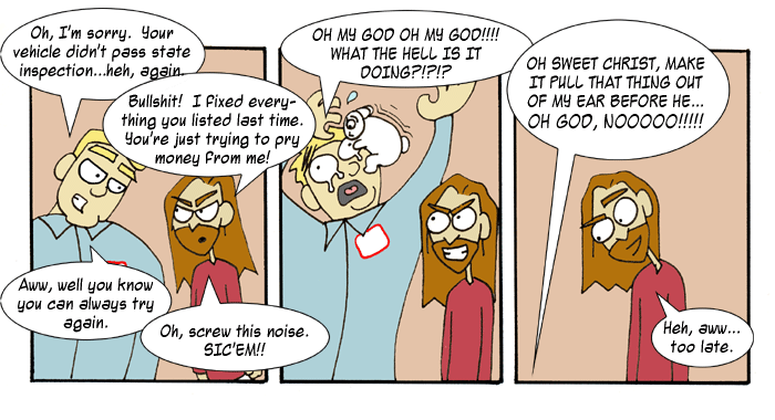 Web comic with three panels showing characters talking