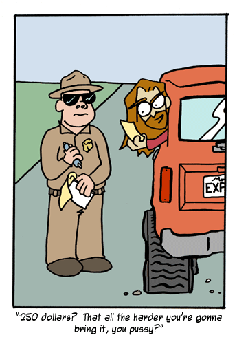 Cartoon: Park ranger with sunglasses and hat stands next to an orange truck, with a bear peeking out of the truck window. Text below reads: "You lookin'? But is this truck even gonna make it to service tonight?" - Ranger