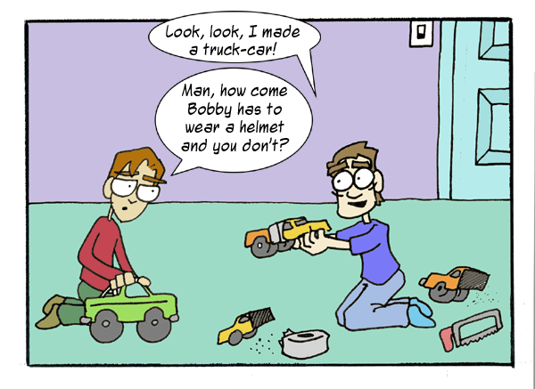 Cartoon of two people assembling a model car