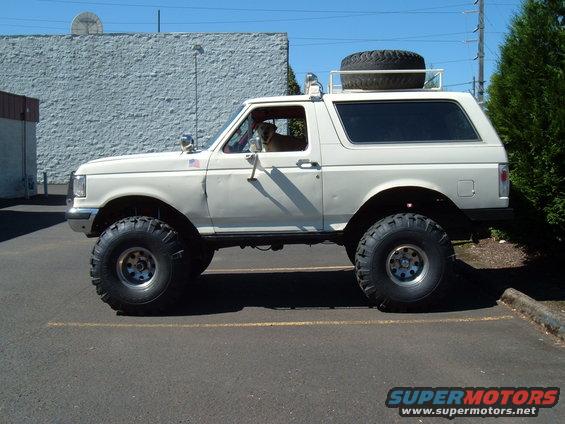 Lifted white 1989 Ford Bronco with large off-road tires and a spare tire on the roof rack. Dog visible in driver's seat