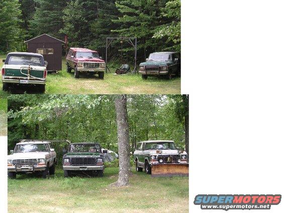 1978 Ford Bronco with a plow attachment, parked next to other SUVs