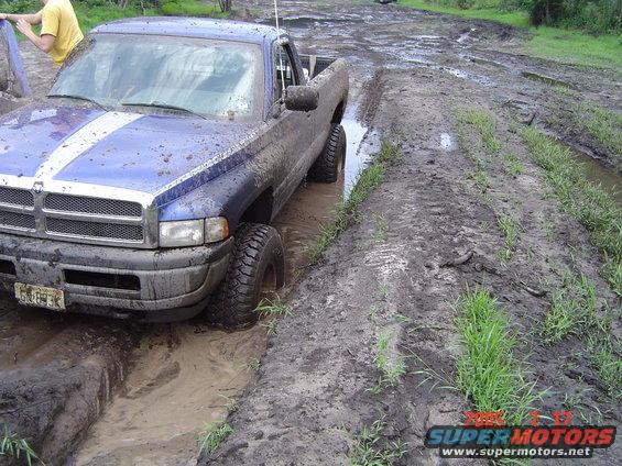 1995 Dodge 1500 pickup truck with blue and white stripes stuck in mud on a dirt track