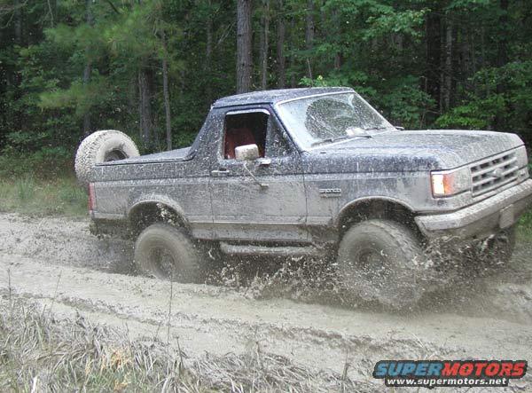 Muddy dark blue 1987 Ford Bronco driving through mud with spare tire mounted on back