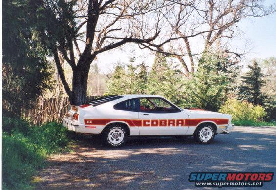 1978 Ford Mustang II Cobra parked roadside with red stripe and lettering