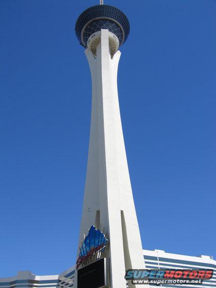 Stratosphere Tower in Las Vegas against a clear blue sky. Building with a large observation deck at the top
