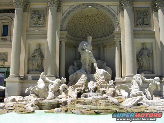 Fountain with classical statues and water features, building facade in background