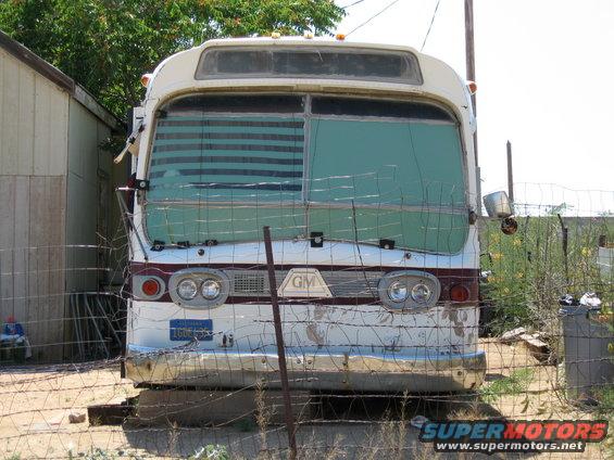 Front view of an old white GM bus with a maroon stripe, behind a fence. License plate is visible