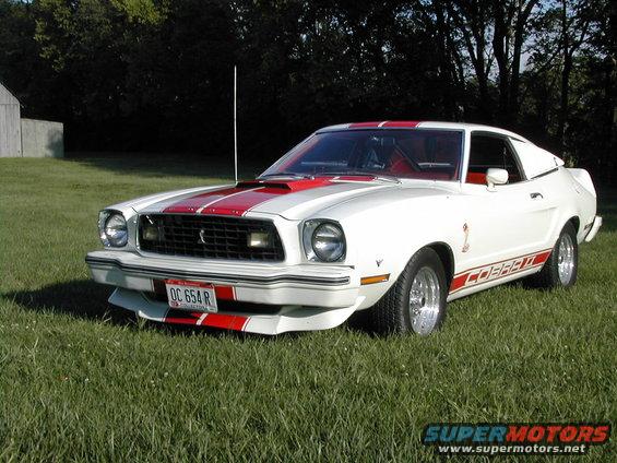 White 1976 Ford Mustang II Cobra with red stripes and side graphics, parked on grass