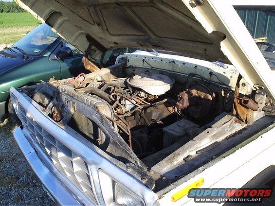 White truck engine bay with a V8 engine, open hood, and a green car in the background. The grille is visible