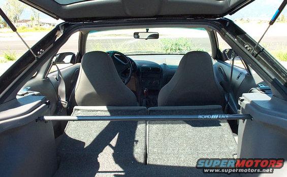 Interior view of a car, showing front seats and dashboard through the open rear hatch