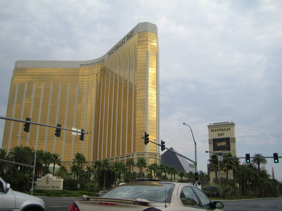 Car in foreground with Mandalay Bay hotel in background