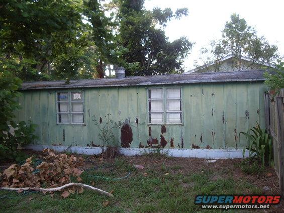 dilapidated green shed with peeling paint and two windows, surrounded by overgrown grass and trees