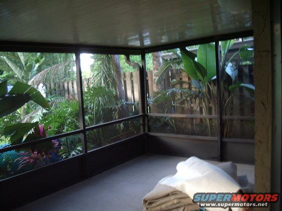 Screened porch with tropical plants and a stack of blankets