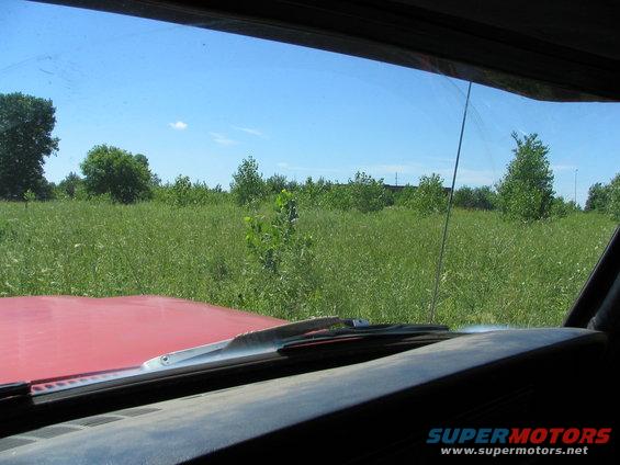 Red vehicle hood and windshield wipers seen from inside, with a field and trees under a blue sky
