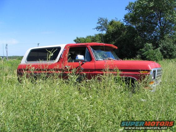 1978 Ford Bronco parked in a field of tall green grass under a clear blue sky