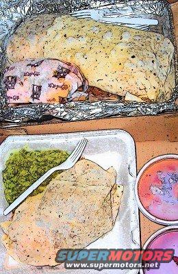 Food in foil and takeout containers with a fork and "SUPERMOTORS" logo