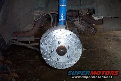 Car's rear brake rotor and blue shock absorber. Supermotors.net logo in corner