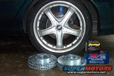 Aftermarket alloy wheel on a car, with new brake rotors and Duralast brake pads