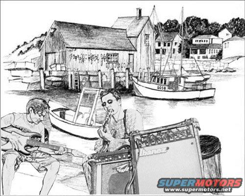 Two musicians play guitars and a horn by a harbor with boats and buildings
