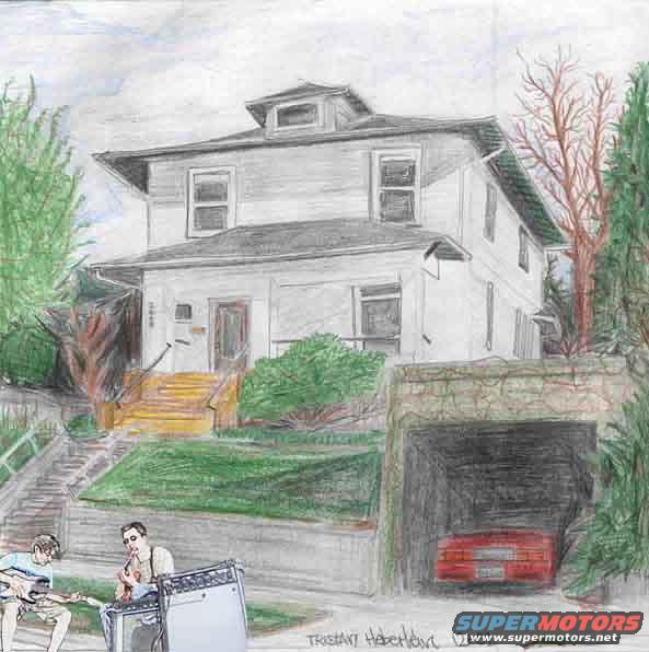 Drawing of a house with a detached garage, two people playing guitars and a small red car in the garage