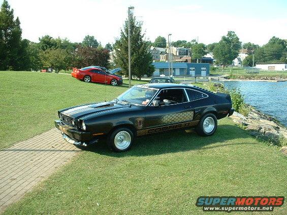 Black 1978 Ford Mustang II Cobra II parked on grass near water, red car in background