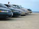 1995 Ford Taurus - Several Ford Taurus sedans are lined up on a beach, with the ocean in the background.