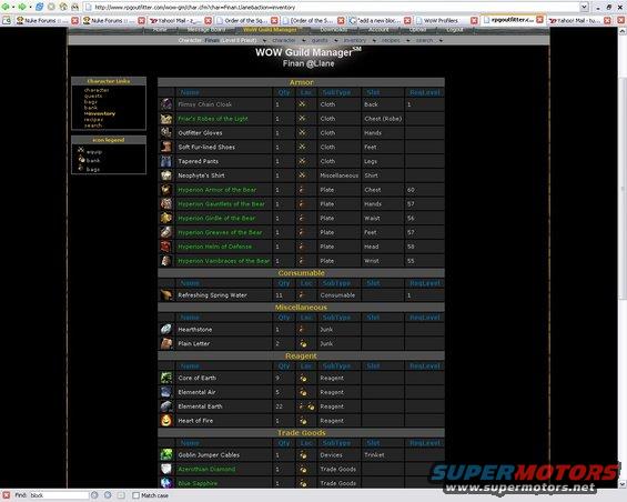 Screenshot of a web page displaying World of Warcraft inventory data