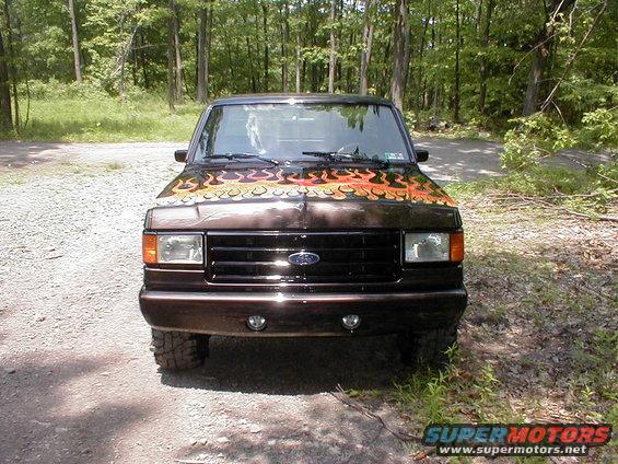 Brown Ford F-150 truck with flame decals on the hood, viewed from the front