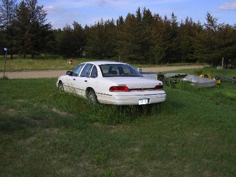 1998 Ford Crown Victoria parked in tall grass, rear view