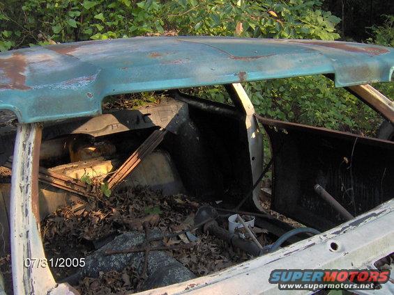 Rusted teal roof and white body of an abandoned vehicle interior filled with leaves and debris