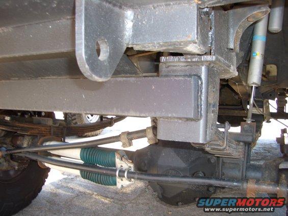 Underside view of a vehicle's suspension system with leaf springs and shocks