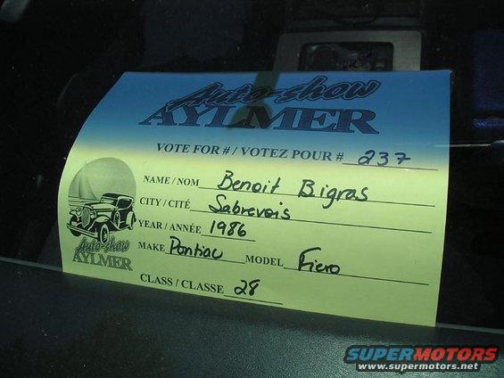 Auto-show Aylmer voting form with handwritten entries for year 1986, make Pontiac, model Fiero, and class 28