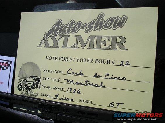 Auto-show Aylmer voting ballot with 1986 Fiero GT listed